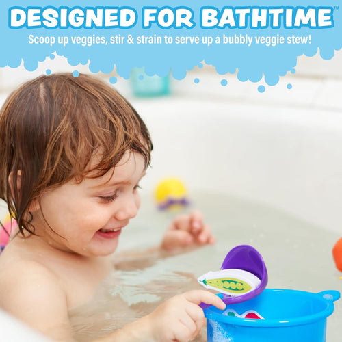 Tub Works® Tub Soup™ Scoop, Strain & Play Toddler Bath Toy | Floating Foam Veggies & Ladle
