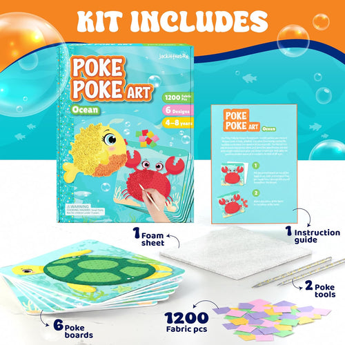 jackinthebox Poke Art Ocean Craft Kit for Kids, Boys & Girls Toys, Ages 4-8 | 1200 fabric pieces, travel arts activities & birthday gifts, mess-free toddler, age 4 5 6 7 8 9 year old, flower pressing