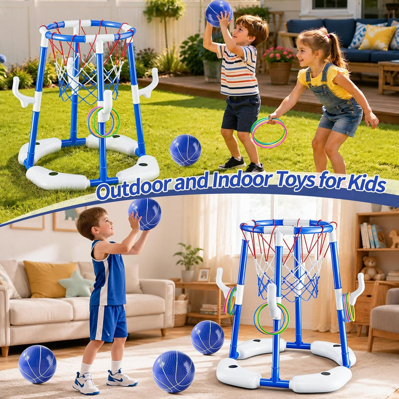 JUKUDAHU Pool Basketball Hoop, 2-in-1 Boy Pool Toys for Kids Ages 4-8 | Floating Pool Ring Game with 4 Balls and Pump, Outdoor Swimming Water Play Toy, Summer Water Toys for Kids Adults Age 3-12