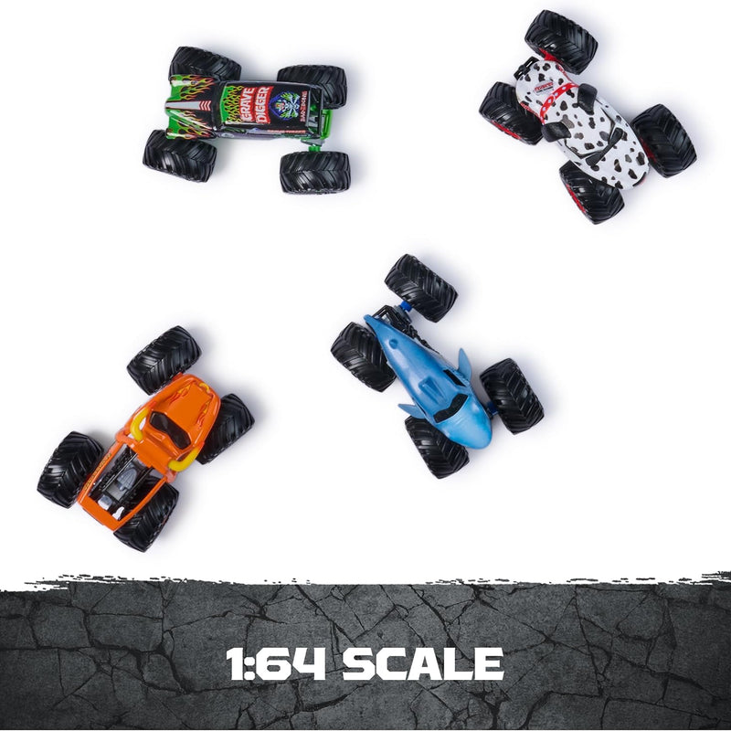 Official 1:64 scale Monster Jam, All Stars 4-pack with Grave Digger, Megalodon, Dalmatian and El Toro Loco for kids aged 3 and up