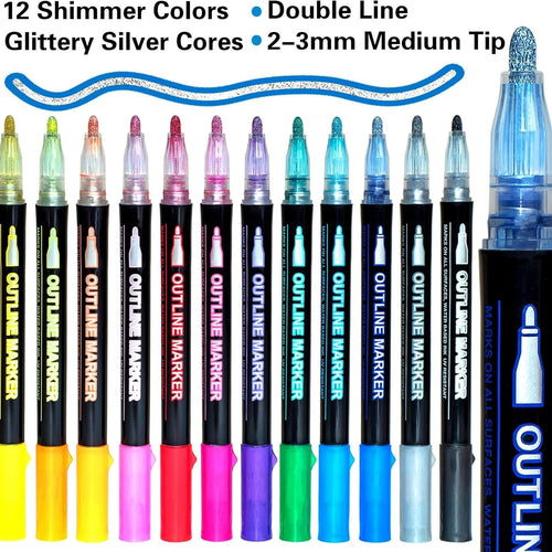 Glitter Markers Self Outline Pens Metallic: 12 Shimmer Tween Teen Girl Gifts Trendy Stuff,Drawing Art Supplies Kids 6-8 9-12 10-12,Arts Crafts Kids Ages 8-12 Year Old,Cute Cool Fun Crafts Girls 8-12
