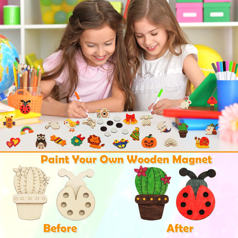 48 Pcs DIY Wooden Magnets, Wooden Art Craft Supplies Painting Kit for Kids | Ages 4-8 8-12 Glow in The Dark Party Favors Goodie Bag Stuffers Birthday Gifts Toys for Boys Girls