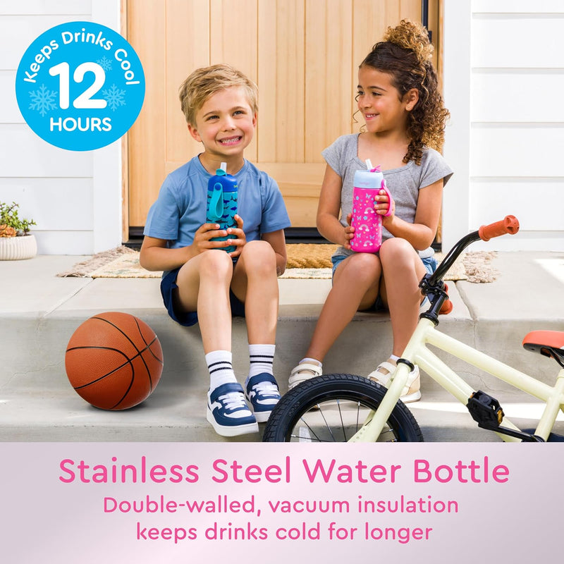 Bentgo Kids Stainless Steel Water Bottle, Leak-Proof, 14 oz, Bite & Sip | Vacuum Insulated, 18/8 Stainless Steel, 12-Hour Cold, Dishwasher Safe, BPA-Free (Rainbows & Butterflies)