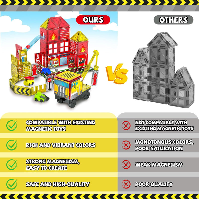 Magnetic Tiles for Kids, 56PCS Construction Magnet Tiles with Fire Truck Station, Building, Road, Crane, Car Truck - STEM Magnetic Blocks for Kids Ages 4-8, Toys for 4 5 Year Old Boys Birthday Gifts
