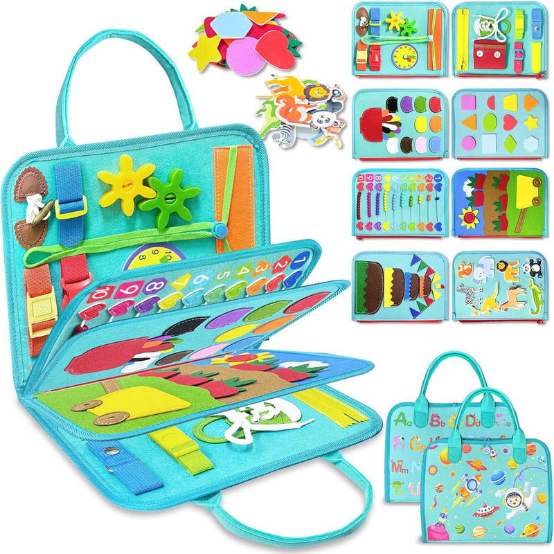 Exorany 8-Page Busy Board for Toddler Girl, Sensory Learning Toy with 20+ Activities, Soft Felt Material, Lightweight and Compact Design