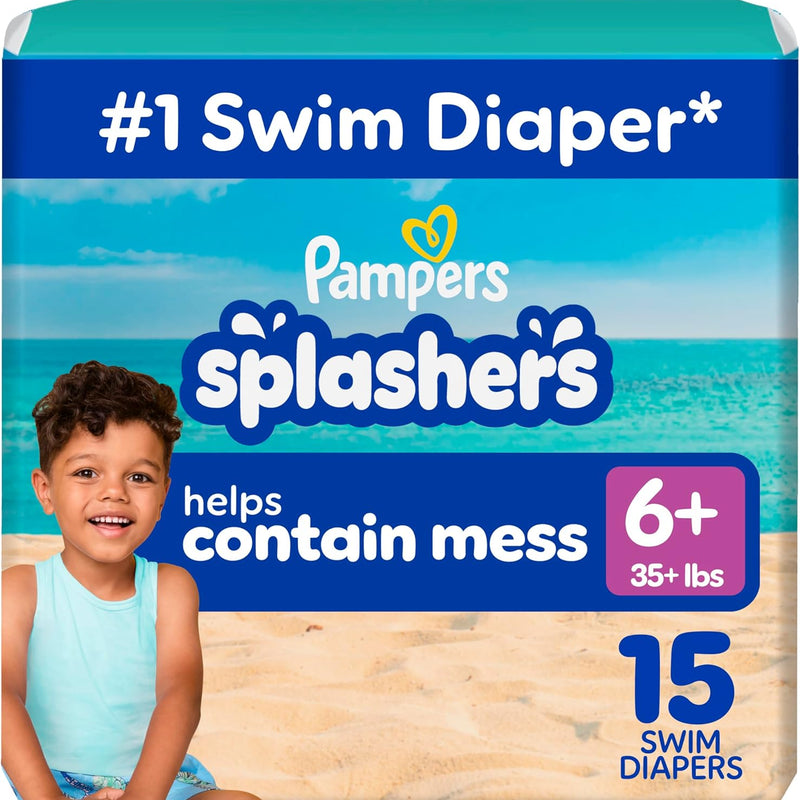 Pampers Splashers Swim Diapers, Size 6+, 15 Count, Disposable Swim Diapers, Contains Mess, No Swell
