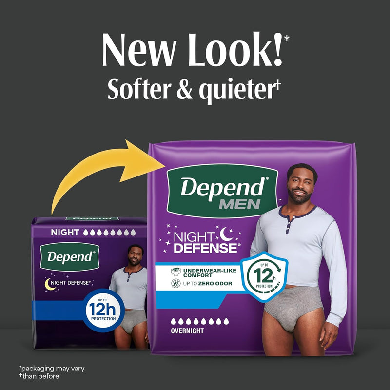 Depend Night Defense Adult Diapers, Incontinence Underwear for Men, Disposable, Overnight, Extra-Large, Grey, 20 Count, Packaging May Vary