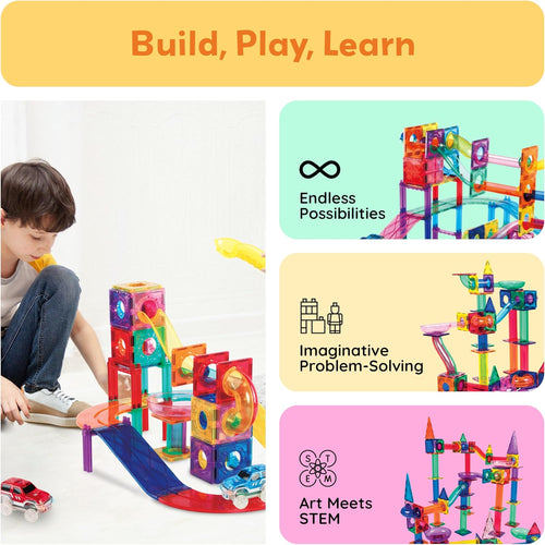 PicassoTiles 108pc Magnetic Marble Run Building Tiles STEM Learning Toy Preschool Construction Kit for Kids