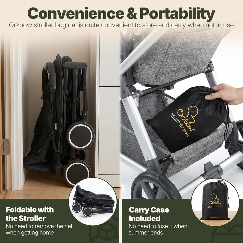 Orzbow Baby Mosquito Net for Stroller, Universal Fit, Breathable, Black | Tear-Resistant Mesh, Insect Barrier w/Travel Bag for Stroller, Car Seat, Bassinet, Cradle, Mini Cribs, Baby Summer Essential