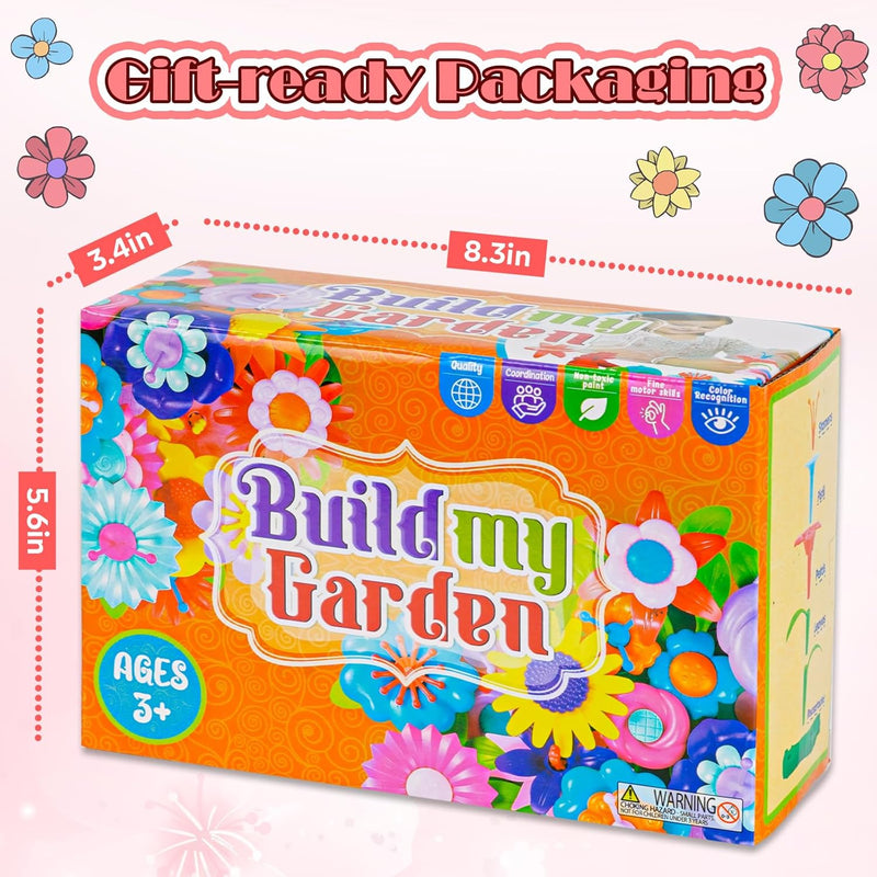 FUNZBO Girl Flower Garden Building Toys Set for Age 2-6 Years Old, STEM Montessori Educational Toy with Sorting & Stacking Spring Gardening Set