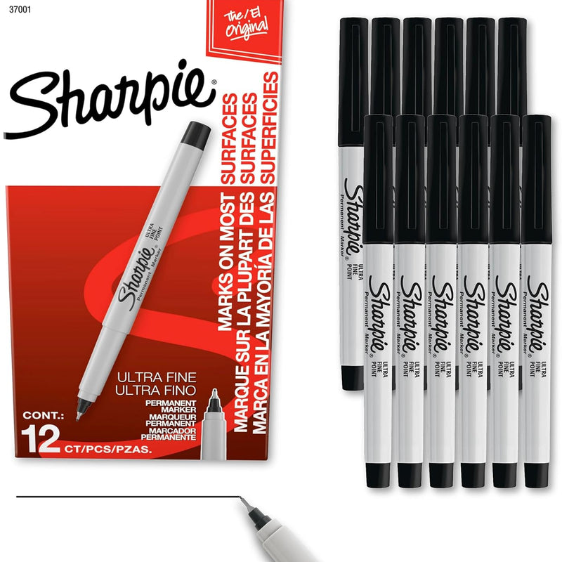 Sharpie Permanent Markers, Ultra Fine Tip, Black, 12 Count - Quick Drying, Fade Resistant