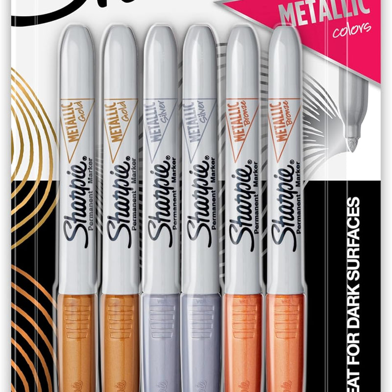 Sharpie Metallic Permanent Markers, Fine Point, Assorted Metallic, 6 Count