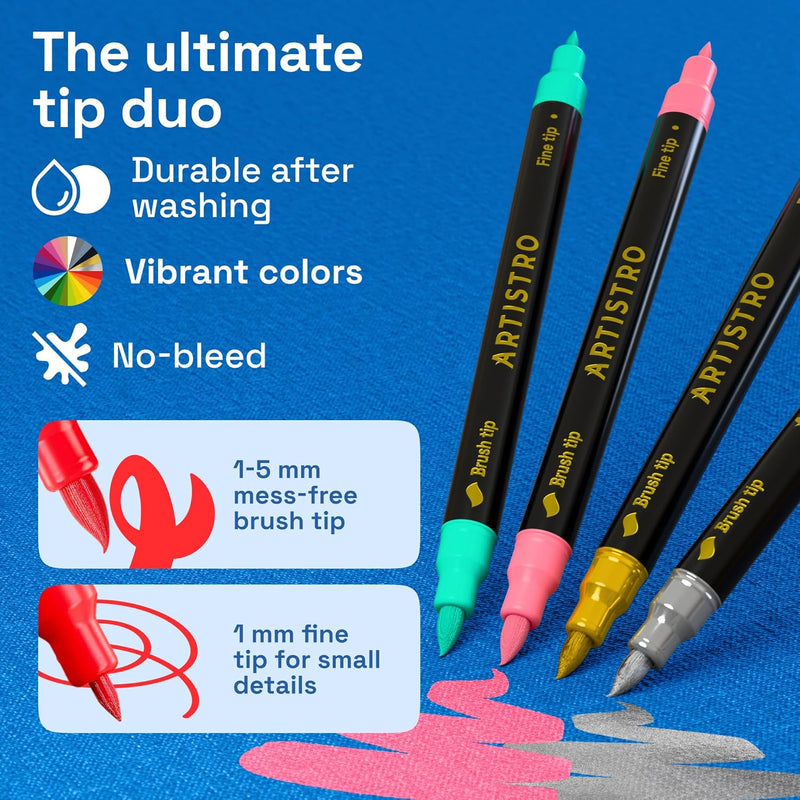 ARTISTRO 36 Fabric Markers for Clothes and Textiles – Permanent No-Bleed Fabric Decorating Kit for T-Shirts, Bags, Canvas, Shoes, and Crafts