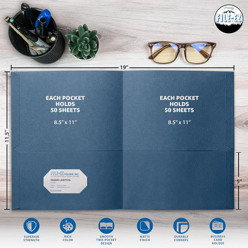 FILE-EZ Two-Pocket Folders, Navy Dark Blue, 25-Pack, Textured Paper, Letter Size (EZ-32523)