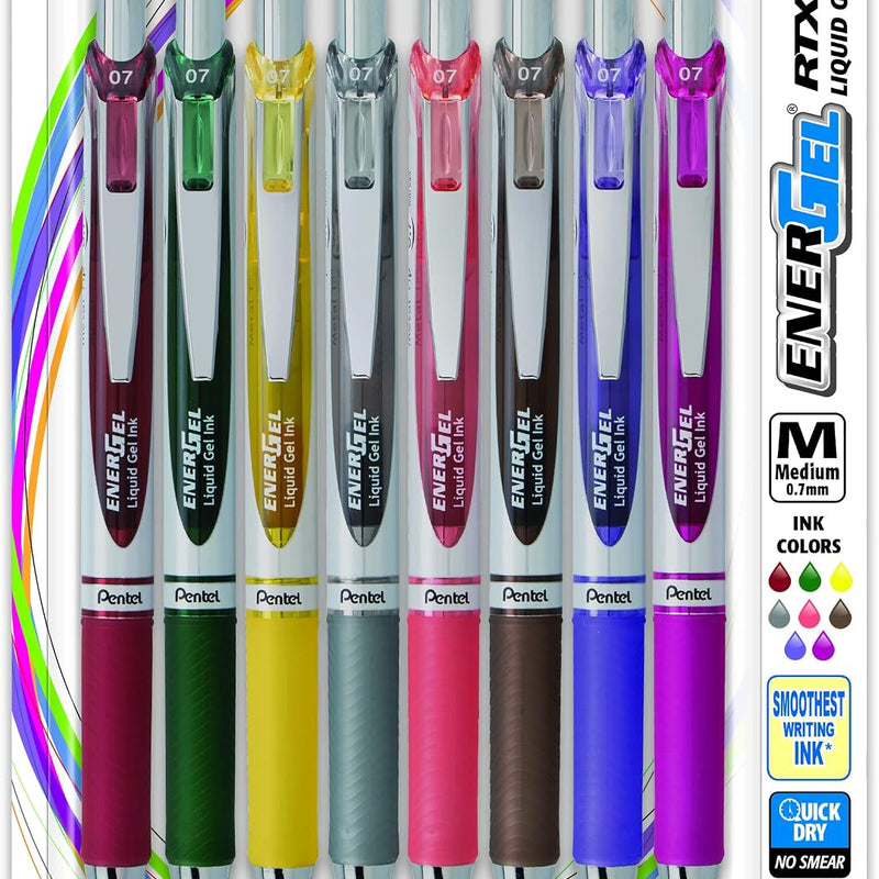 Pentel EnerGel RTX Retractable Liquid Gel Pen, (0.7mm) Metal Tip, Medium Line,Assorted Ink, 8-Pk (BL77BP8M1)