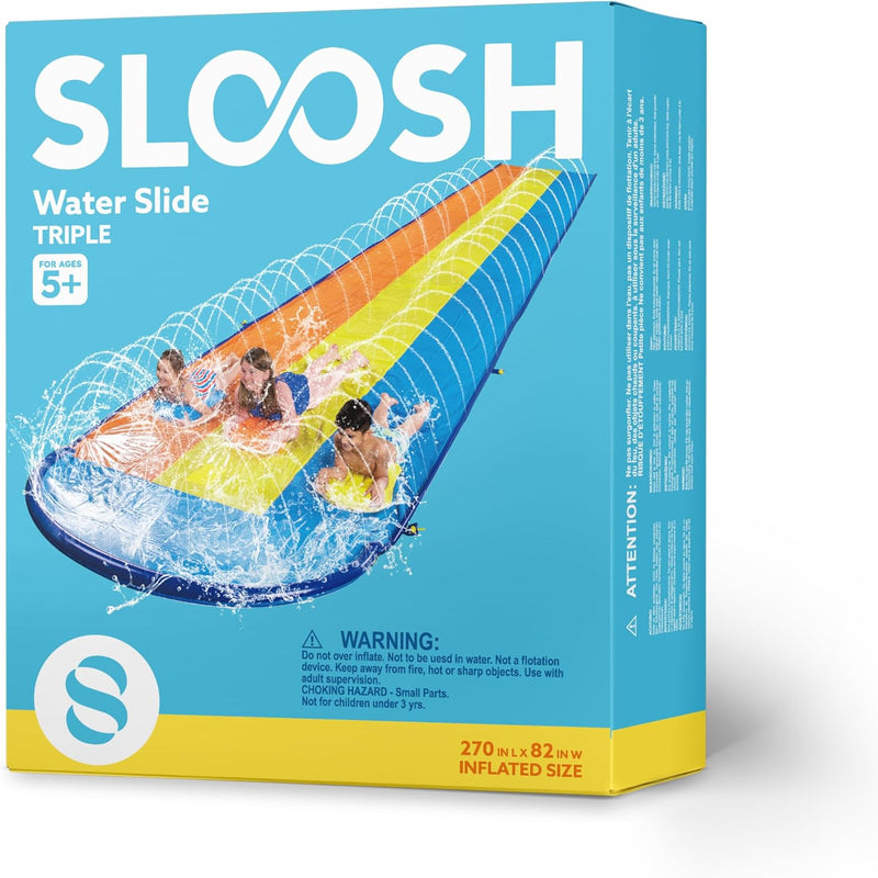 Sloosh Triple Water Slide with 3 BodyBoards, 22.5FT Lawn Water Slip Splash Pad Slide Summer Toy with Build in Advanced Sprinkler for Kids Adults Backyard Summer Water Fun