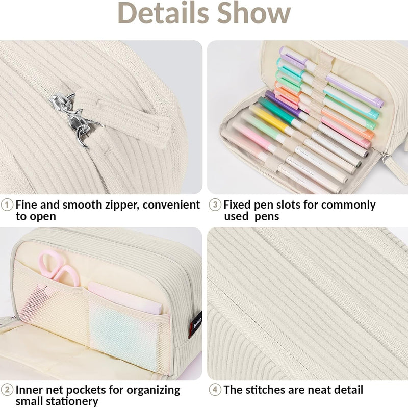 Sooez Big Capacity Pencil Case Pen Pouch, Soft Corduroy Pencil Bag with 3 Compartment, Multiple Pockets, Sturdy Zipper, Cute School Supplies Pen Bag Organizer For Teen Girls College, Beige