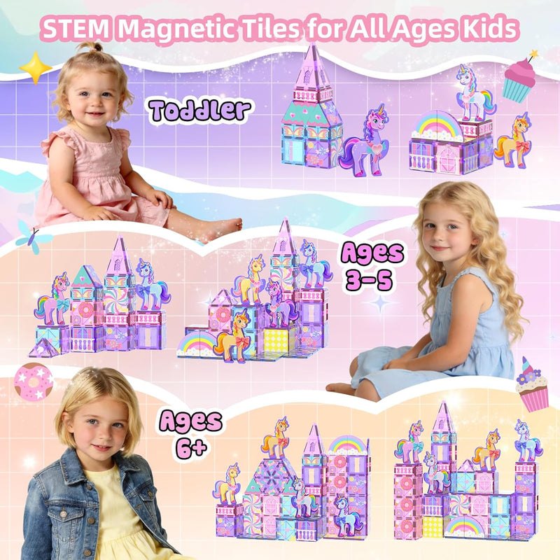 GobiDex 100PCS Unicorn Magnetic Tiles with 6 Unicorns, Princess Castle Unicorn Toys for Girls Age 4-6, Magnetic Building Blocks Toys for 3 4 5 Year Old Girl Birthday Gifts