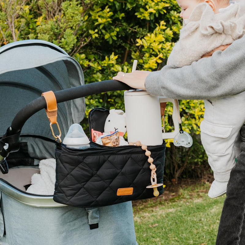 Beautiful Stroller Caddy Organizer With 2 Cup Holders - Zipper Pocket Bag | Luxury Stroller Bag with Universal Fit and Leather Straps - Spacious Accessories Perfectly Fits Doona, Nuna and Uppababy