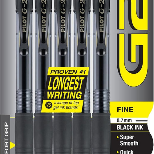 Pilot G2 Pens, Premium Refillable and Retractable Rolling Ball Gel Pens, Fine Point, 0.7mm, Black Ink, 5-Pack