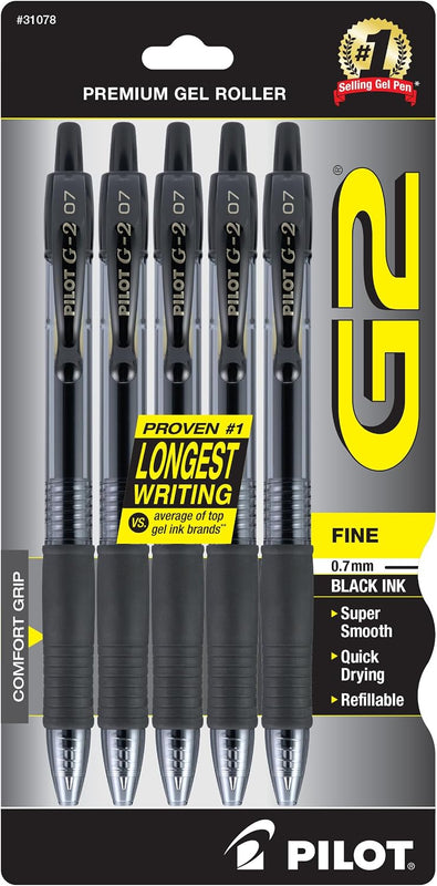 Pilot G2 Pens, Premium Refillable and Retractable Rolling Ball Gel Pens, Fine Point, 0.7mm, Black Ink, 5-Pack