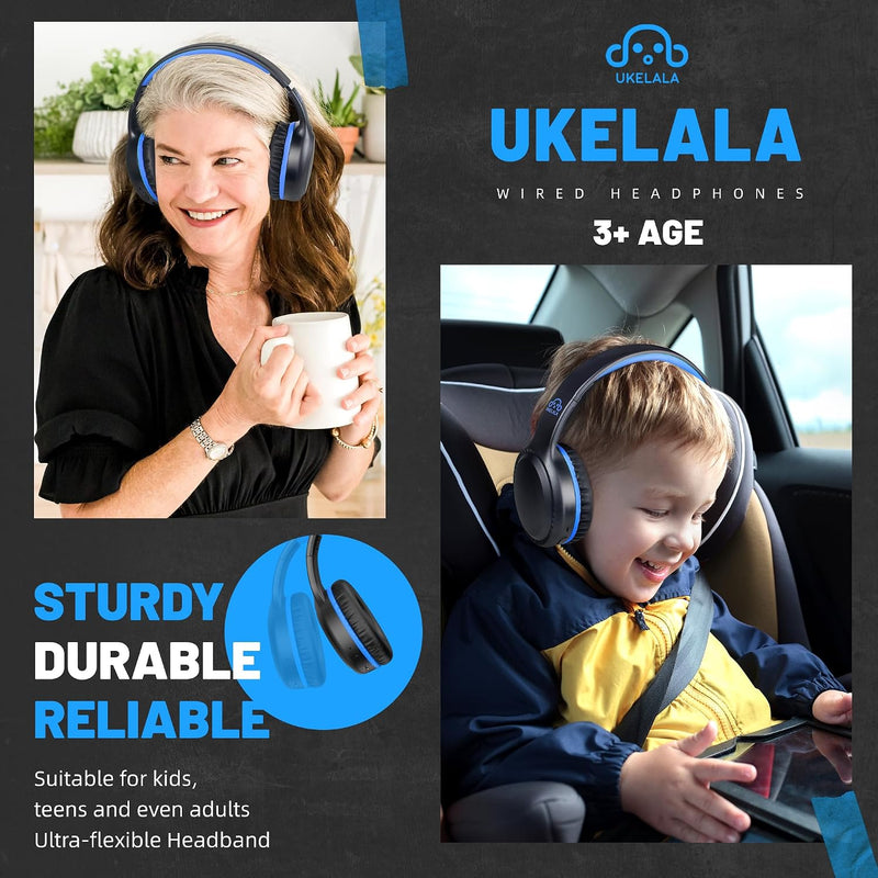 UKELALA U2B Active Noise Canceling Wired & Wireless Bluetooth 6.0 Headphones with Microphone, Foldable Lightweight Head Phones with Volume Control‌ for Kids Adult School Black Blue
