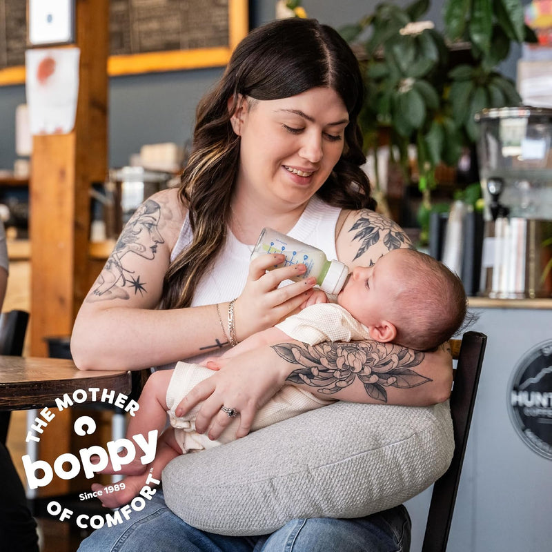 Boppy Anywhere Travel Nursing Pillow - Compact, Ergonomic Bottle & Breastfeeding Pillow with Snap & Loop Hanging Closure and Firm Hypoallergenic Fill, Baby Safety Alliance Verified