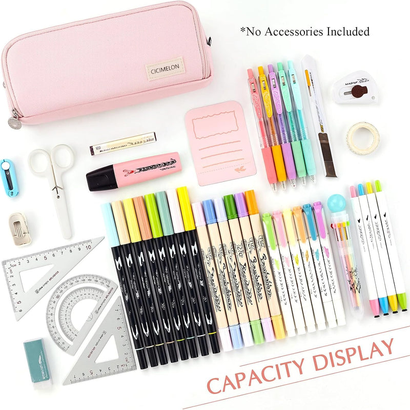 CICIMELON Large Capacity Pencil Case 3 Compartment Pouch Pen Bag for School Teen Girl Boy Men Women (Pink)