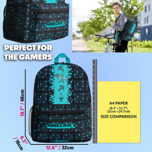 Minecraft Backpack for Boys Kids Teens Adjustable Straps Front Pocket Daypack Backpacks for Sports Gym School Gamer Gifts (Blue)