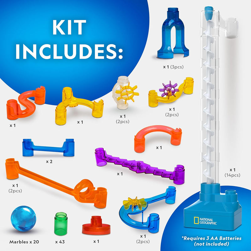 National Geographic 95-Piece Marble Run Kit with Motorized Elevator and 20 Marbles STEM Toy for Kids