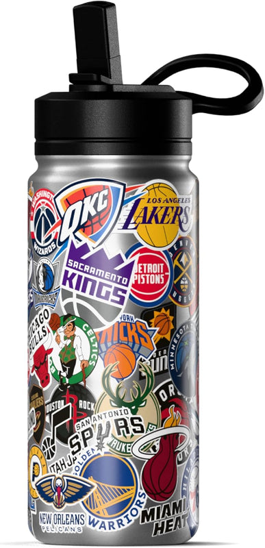 Hydrapeak NBA Officially Licensed All-Team Sticker Print Logo 20oz Kids Water Bottle, Straw Lid & Handle, Insulated Sports Bottle for Sports, Camp, School & Everyday Adventures