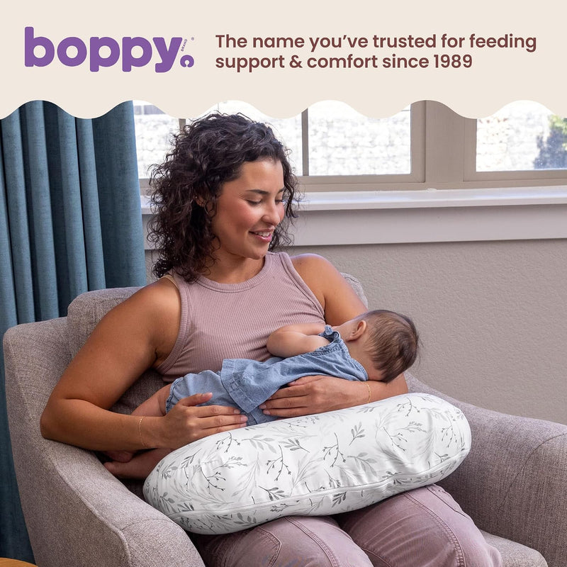 Boppy Nursing Pillow - Verified Safe Breastfeeding Pillow with Softer Fill for Comfortable Support, Machine Wash & Dry Cover, Non-Toxic Materials - Gray Gentle Leaves