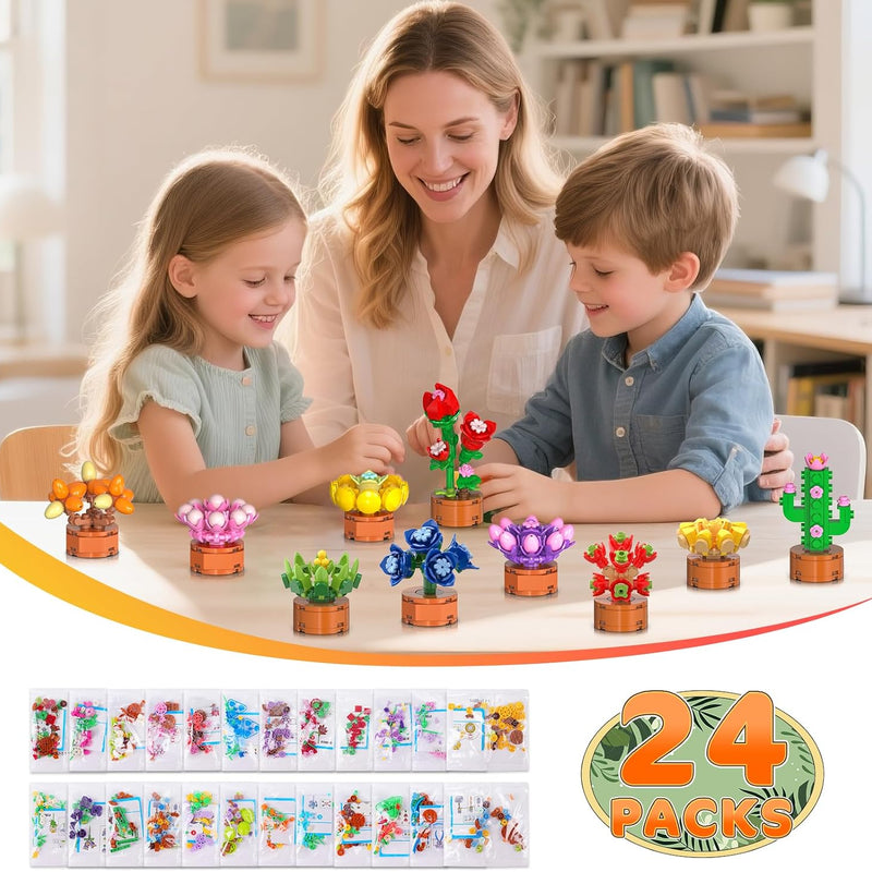 24 Pack Flowers Succulents Party Favors for Kids Building Set - 1012PCS Botanical Bonsai 3.6mm Mini Building Blocks Toy for Goodie Bags Stocking Stuffers Classroom Prize Birthday Gifts for Girl Boy 6+