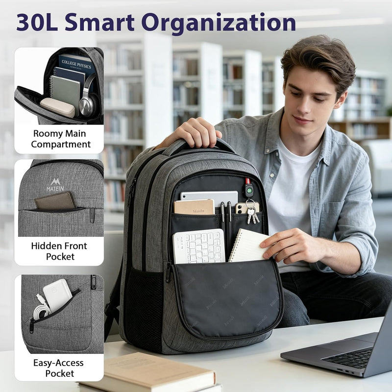 MATEIN Travel Laptop Backpack, 17 Inch Work TSA Approved Carry on Backpack, Large Computer Business Bag for Men Women with Trolley Sleeve and Anti Theft Pocket, College School Rucksack Book Bag, Grey