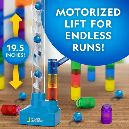 National Geographic 95-Piece Marble Run Kit with Motorized Elevator and 20 Marbles STEM Toy for Kids