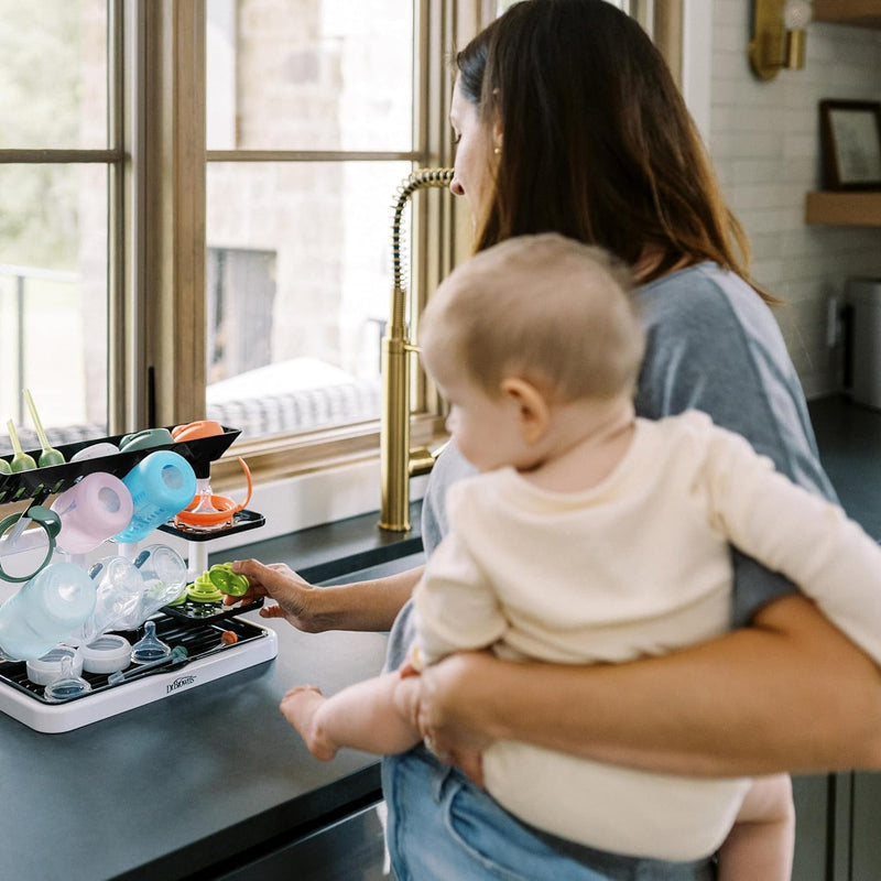 Dr. Brown's Drying Tower, Stand-Up Drying Rack, Countertop Baby Bottle Drying with Organized Storage for Baby Essentials, Space Saving Vertical Rack, Black/White