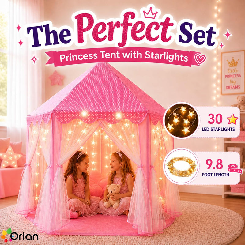 Orian Princess Tent for Kids, Toddler & Kids Pink Play Tent Indoor & Outdoor Princess Castle Fort for Girls and Toddlers Ages 2-7, 55”x53”, LED Star Lights, Children’s Toys and Gifts for Girls
