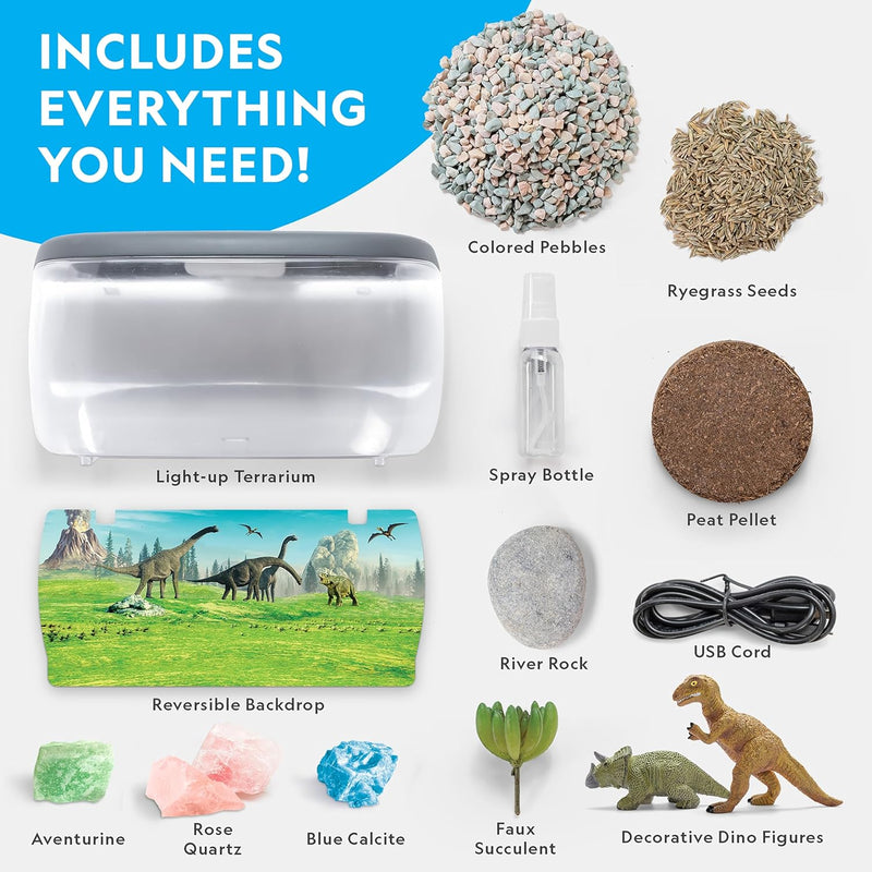 National Geographic light-up terrarium kit for kids with real plants, gemstones, and dinosaur toys - exclusive Amazon offer