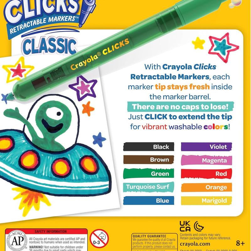 Crayola Clicks Retractable Tip Markers (10ct), Washable Cone Tip Art Marker Set, Cute Aesthetic School Supplies, Classroom Must Haves, Ages 3+