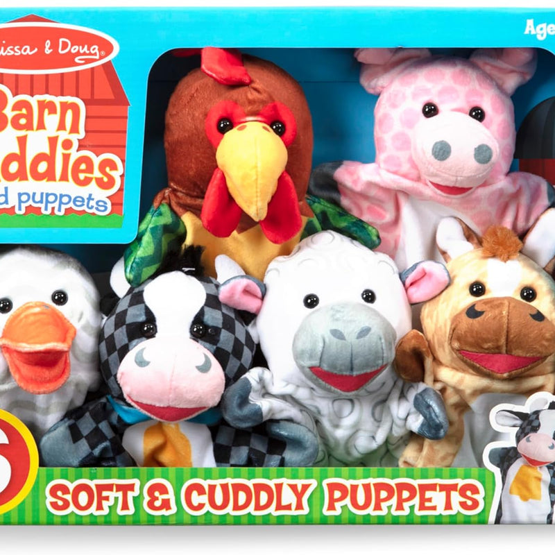 Melissa & Doug Barn Buddies Soft Farm Animal Hand Puppets - Set of 6 Cuddly Characters for Imaginative Play, Storytelling, and Skill Development for Ages 2-6.