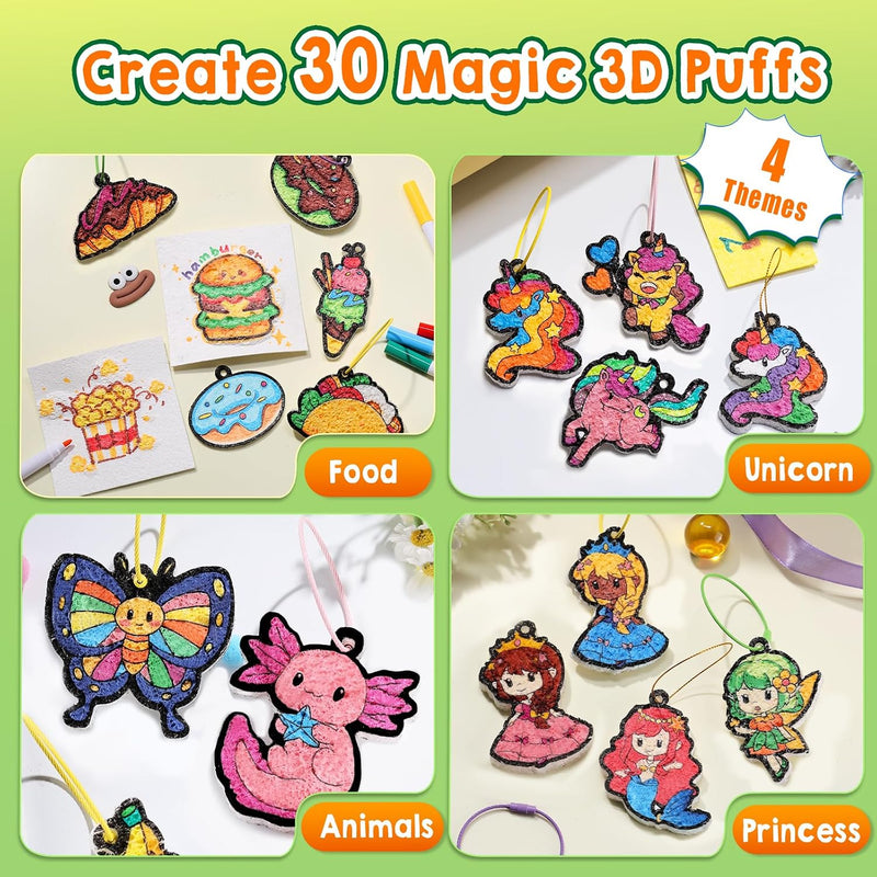 JMMICO 81 PCS 3D Art Paint & Puff Set, Mess-Free Crafts for Kids Ages 4-8 | Glow-in-the-drak Aqua Water Puffs, Gifts for Girls Boys, Creative & No Mess Painting Crafts for Kids 4 5 6 7 8 9 Year Old