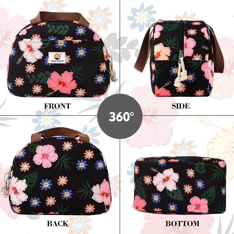 CaCTOUR Lunch Box for Women Girls Teens,Cute Lunch Box Cooler Bag, Portable Insulated Small Lunch Bag Women Reusable Corduroy Lunch Tote for Work/Travel/Picnic/School (Flower)