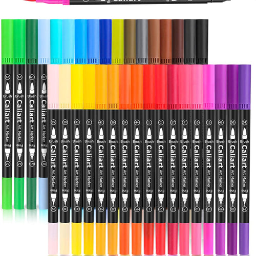 Caliart 34 Double Tip Brush Pens Art Markers for Adult Coloring Books | Artist Fine & Brush Coloring Markers for Journaling Calligraphy Lettering Planners Drawing Teacher Office Art Supplies