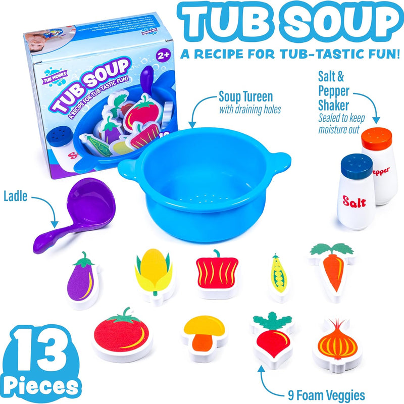Tub Works® Tub Soup™ Scoop, Strain & Play Toddler Bath Toy | Floating Foam Veggies & Ladle