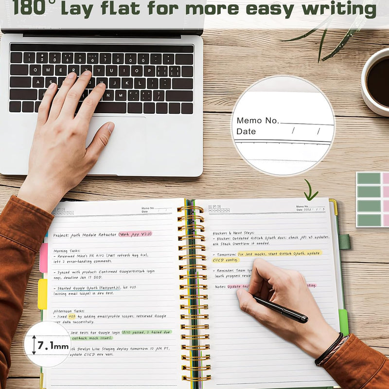 5 Subject Spiral Notebook Journal with Removable Dividers Tabs, 300 Pages Organizer Notebooks for Work School, 8"x10" Hardcover Leather Notebook College Ruled, Large Lined Journal for Women Men,Green
