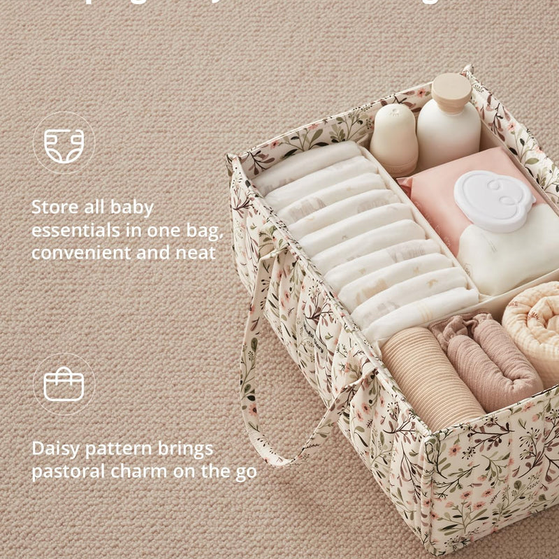 Blissful Diary Floral Diaper Caddy Organizer, Stylish Nursery Storage Basket, Diaper Bag,Gift for Baby Shower, Baby Registry Must Have, Newborn Essentials, Pastoral Daisy
