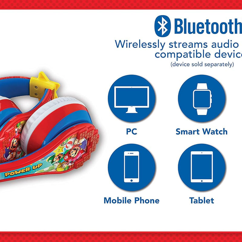 Super Mario Wireless Bluetooth Portable Kids Headphones with Microphone, Volume Reduced to Protect Hearing Rechargeable Battery, Adjustable Kids Headband for School Home or Travel