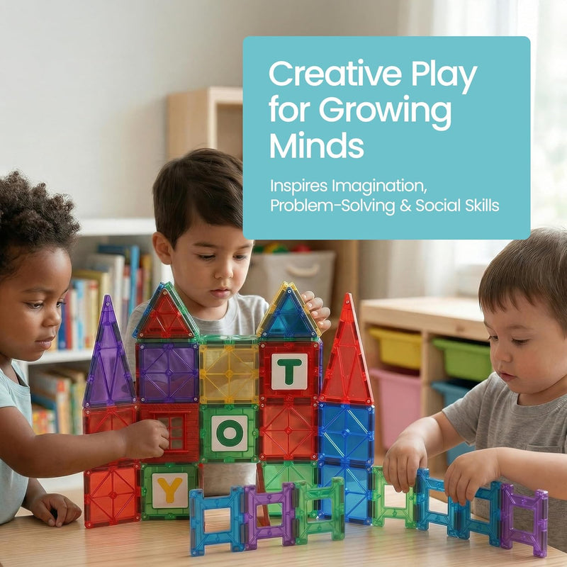 Playmags 100-Piece Magnetic Tiles for Kids, STEM Building Blocks Set with Click-in ABC Learning Tiles and Magnetic Figures