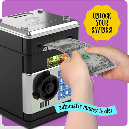 KiddieVault - Electronic Money Saving Box with Code, Automatic Bill Feeder, Lights & Sounds for Kids 3-12