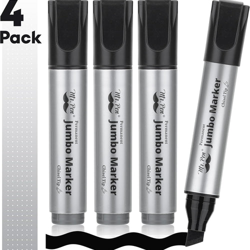 Mr. Pen- Jumbo Permanent Markers, 4 Pack, Black, Chisel Tip | Wide Tip, Large, Thick Permanent Markers for Canvas, Posters Board, Fabric, Window, Glass, Wood, Waterproof, Quick Dry